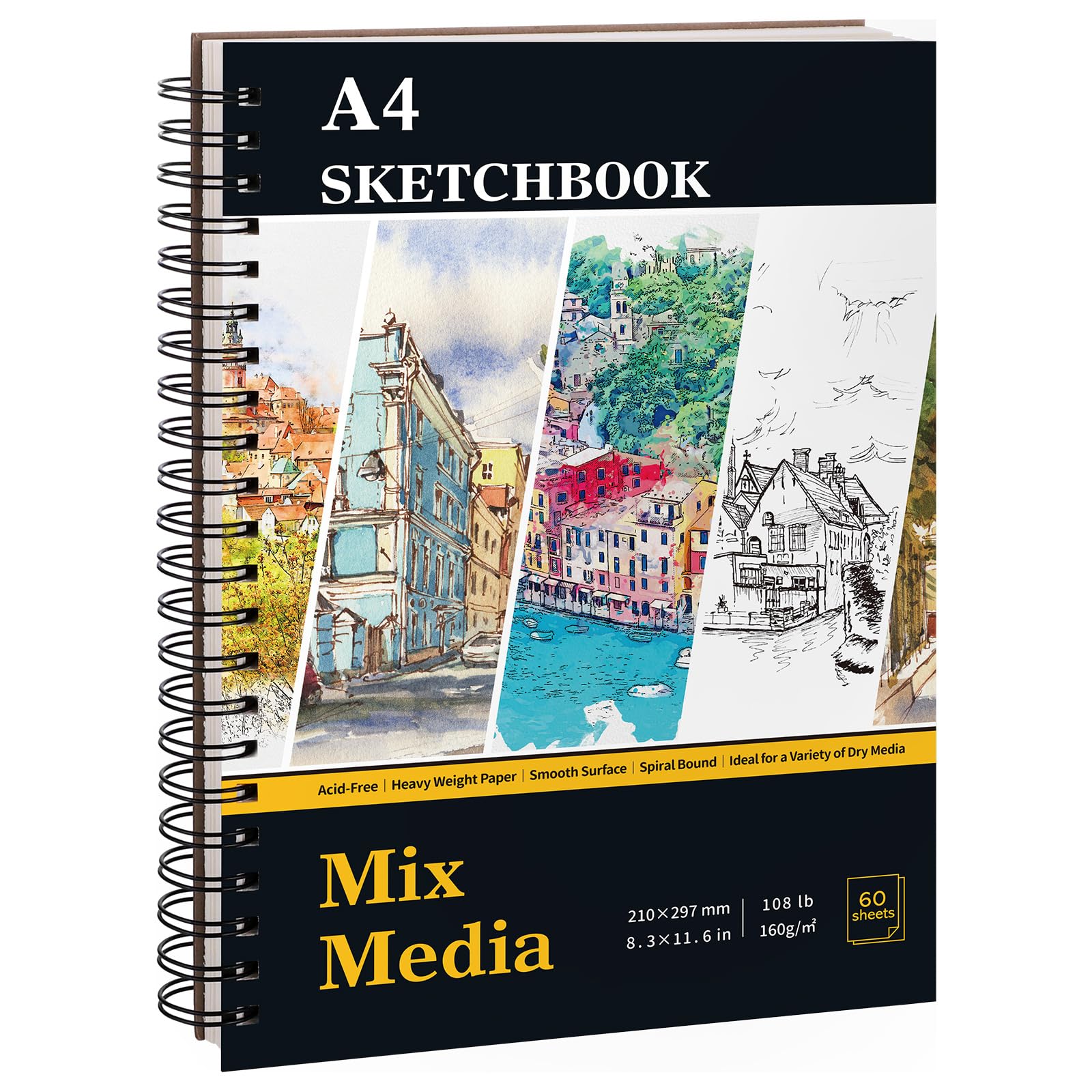 A4 Sketch Book, Mixed Media Sketchbook 60 Sheets / 120 Pages